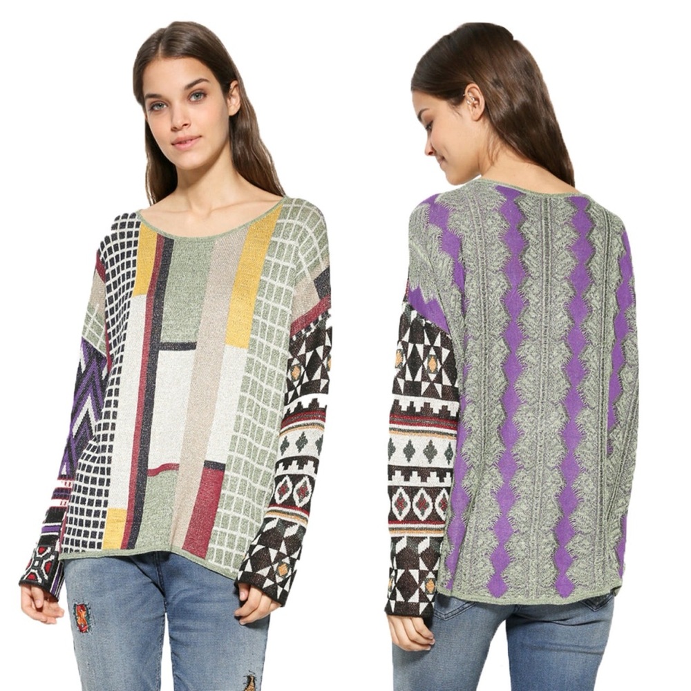 Desigual Silvershalis Patchwork Mixed Print Metallic Detail Nordic Sweater Small